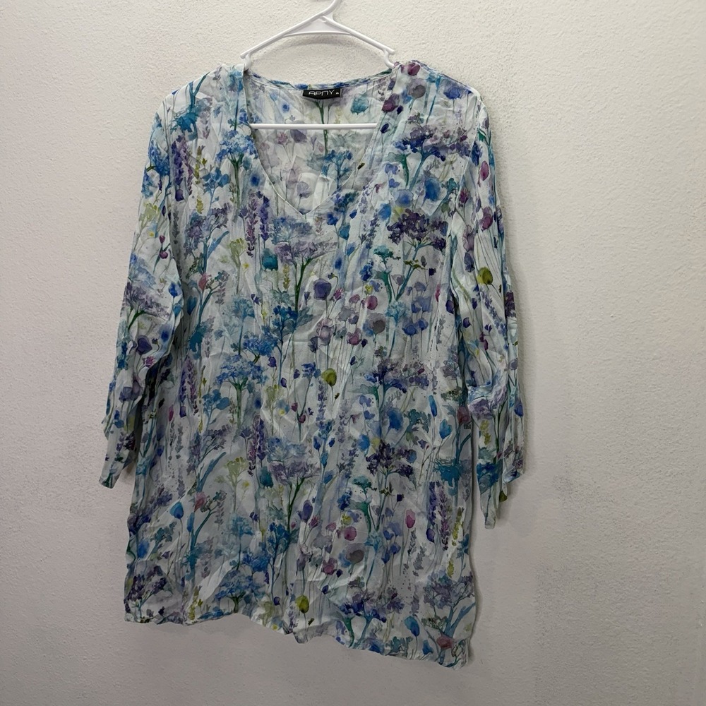 APNY XL Blouse 3/4 Sleeve Floral Watercolor Art To Wear Cupro Viscose Artsy Top